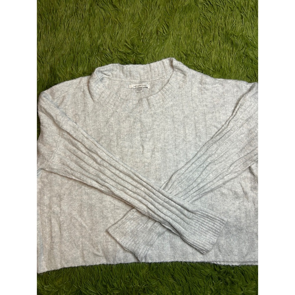 American Eagle Sweater Y2K Women XS Gray Ribbed Crewneck Cropped Long Sleeve